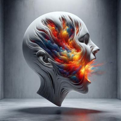 The primary subject of the image is a sculpture of a head with a mouth open, resembling a scream. The setting is a room with a gray background, and the visual style appears to be a digital art or illustration. The colors and mood of the image are predominantly dark, with the head sculpture being the main focal point.